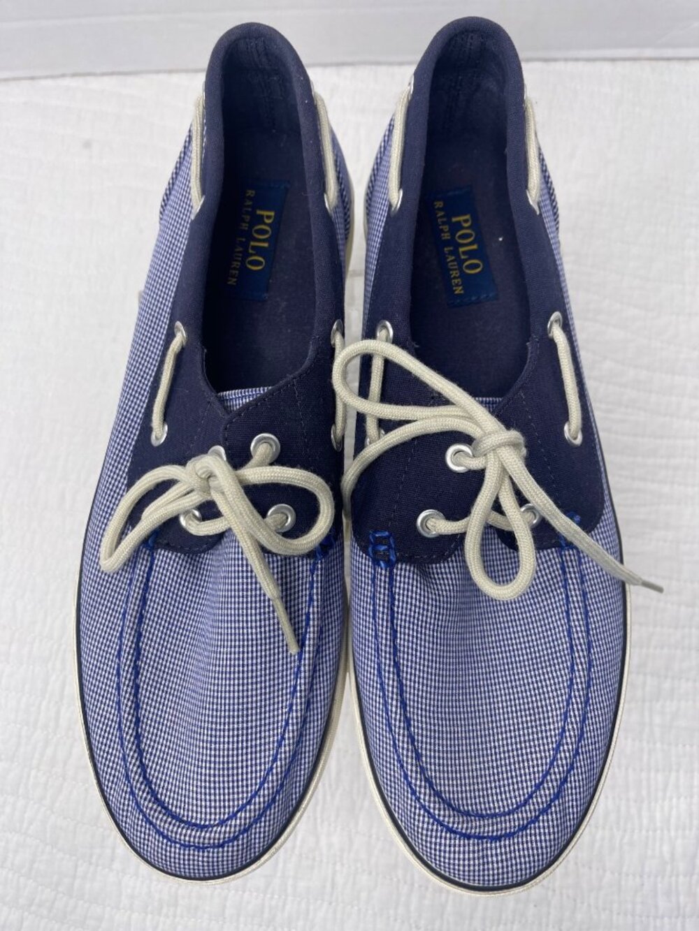 Polo Ralph Lauren Lander Mens Blue Gingham Canvas Lace-Up Boat Shoes SZ 10.5D